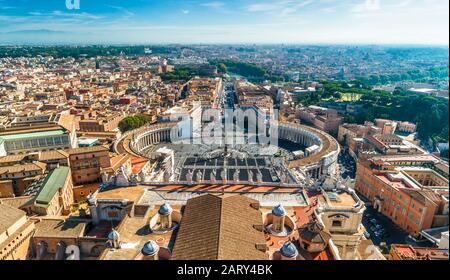 Rome skyline, Italy. Panoramic view of old Rome from St Peter`s Basilica in Vatican City. Beautiful cityscape of Rome in summer. Scenery of the Rome c